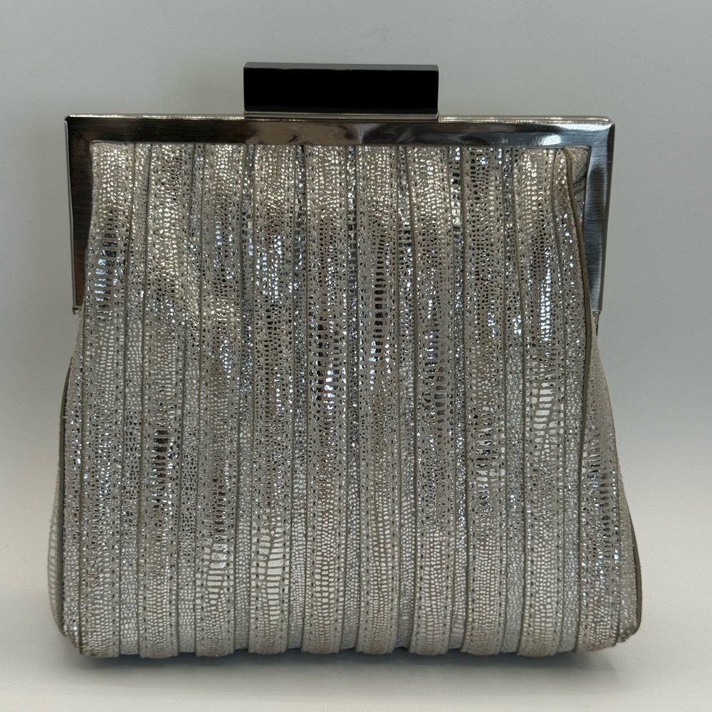 Annabel Ingall Platinum Lame' Leather Convertible Clutch Bag